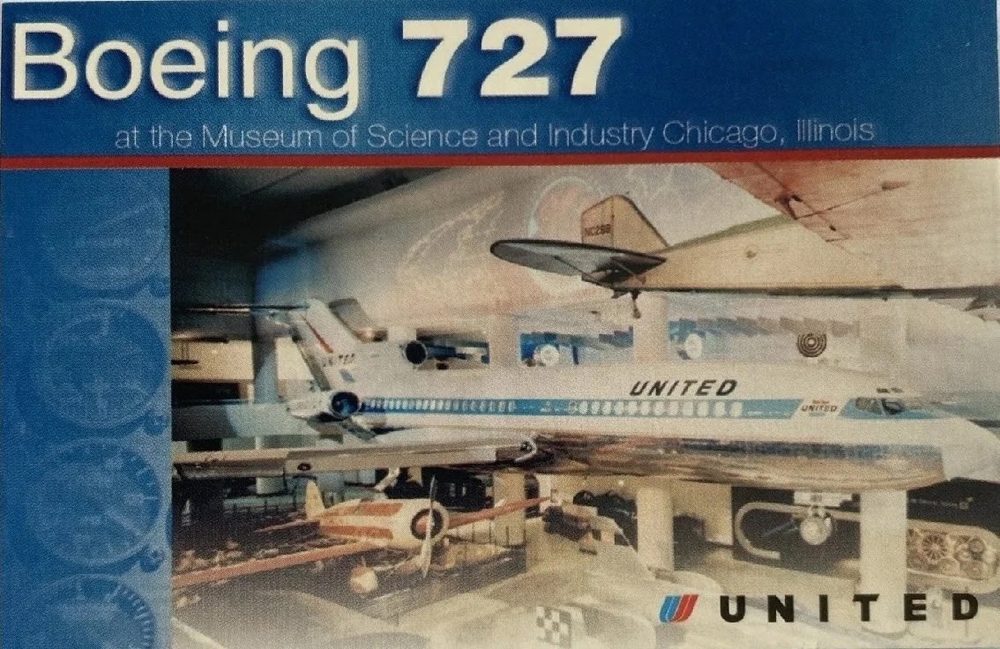 The 2002 United Airlines Pilot Trading Card, showing a Boeing 727 airliner on display indoors at a museum, with the United wordmark across the bottom.
