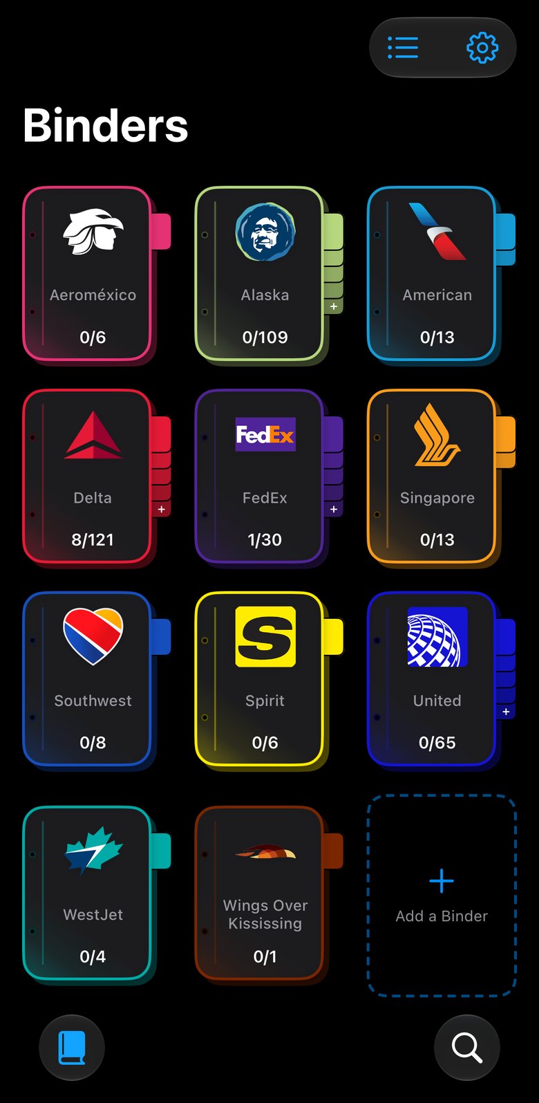 The Binders grid in PTC Binder, showing Aeroméxico, Alaska, American, Delta, FedEx, Singapore, Southwest, Spirit, United, WestJet and Wings Over Kississing with progress on each.