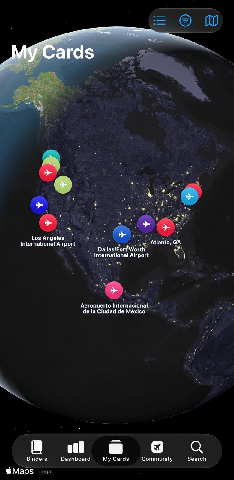 The My Cards map in PTC Binder, with pins over Los Angeles, Dallas/Fort Worth, Atlanta and Mexico City for the airports where cards were collected.