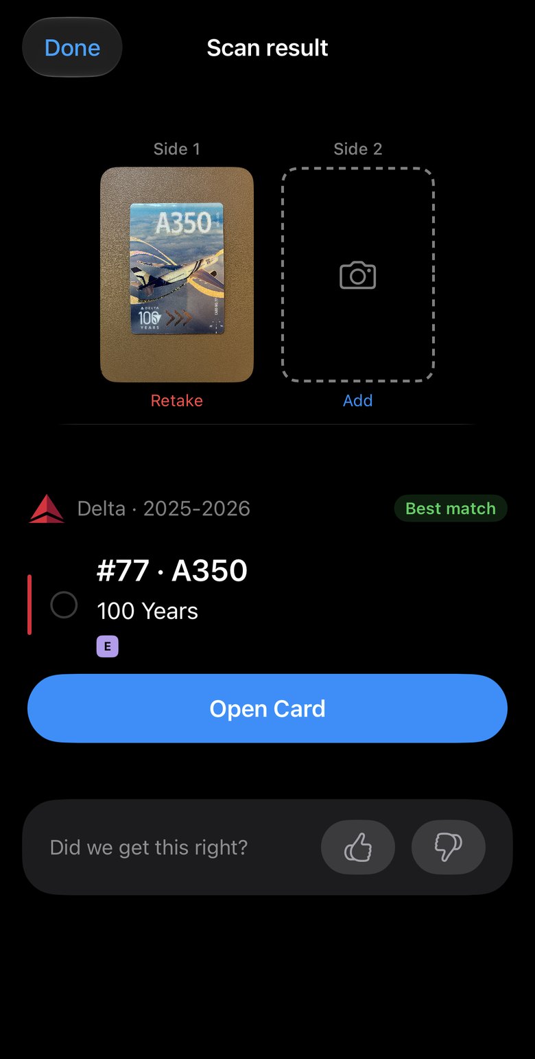 The scan result screen in PTC Binder: a photographed card, then the best match with the Delta logo, 2025-2026, number 77, A350, 100 Years, an Open Card button, and a Did we get this right? prompt.